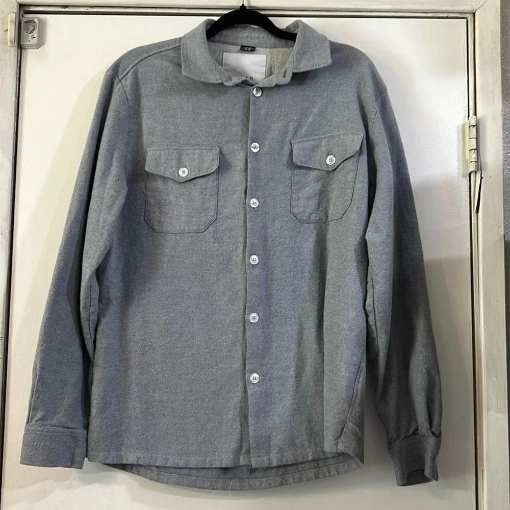 Wear London Cotton Button Down Shirt Flannel Micro Print Stripe Blue Gray Large